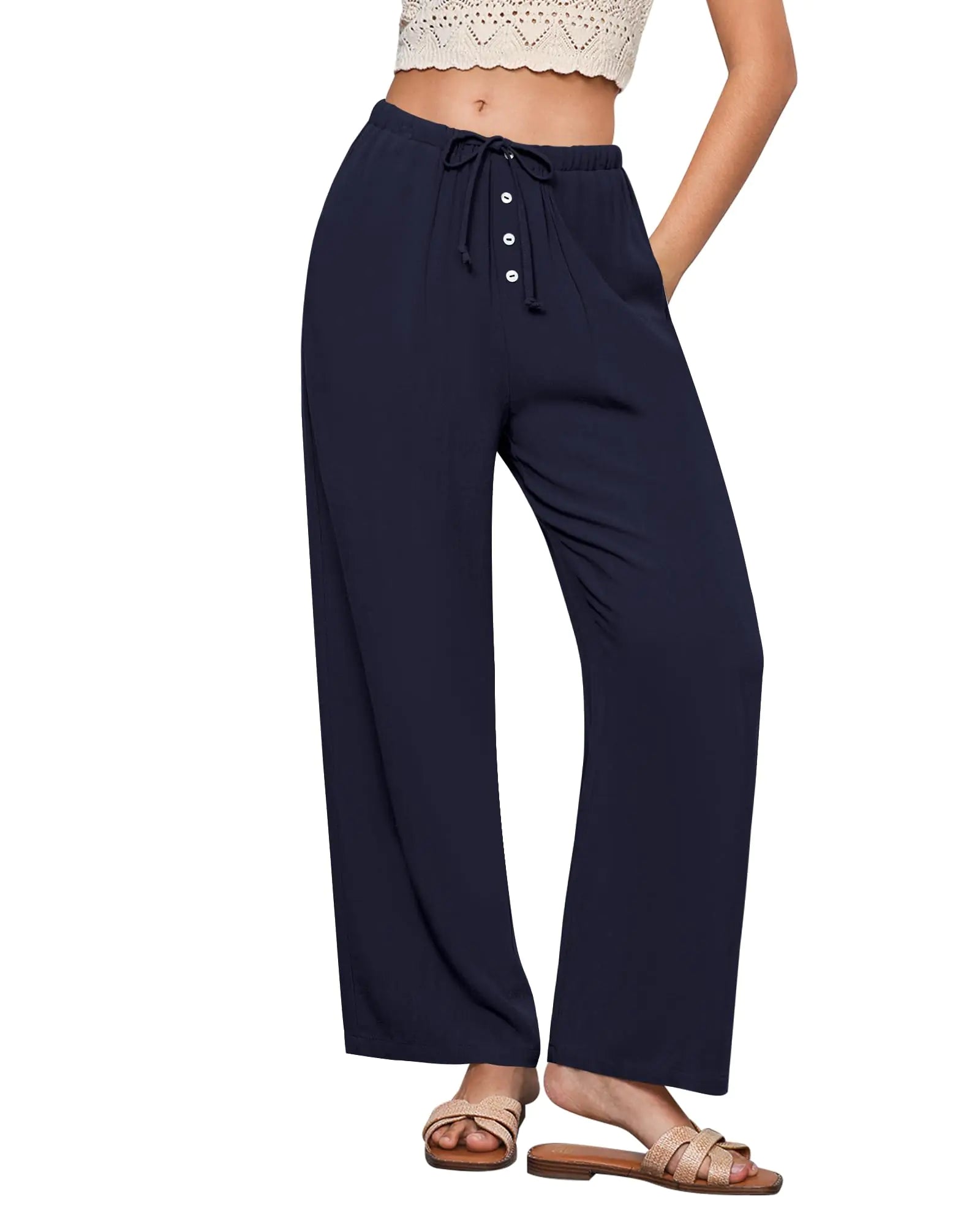 GRAPENT Navy Blue Linen Palazzo Pants for Women Navy Blue Pants for Women Navy Pull On Linen Pants Navy Blue Pants Women Cute Pants for Women Womans Pants Navy Blue Size Medium US Size 8 to Size 10