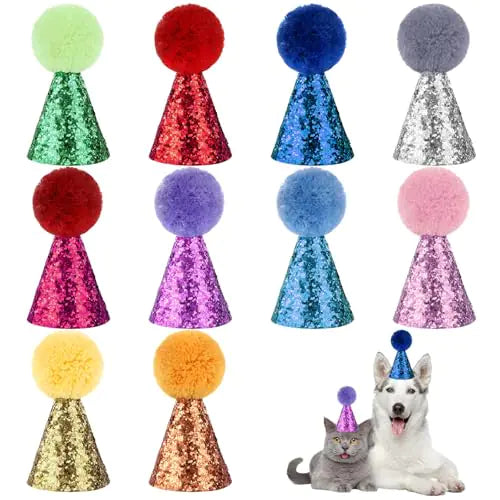 Dog Birthday Hats 10 Packs Cat Birthday Hat Dog Party Hats Multi-Color Cat Hats Mini Party Hats Cute Puppy Hat with Pom Poms Adjustable Headbands Birthday Hats for Kittens Dogs Pets Stuffed Animals
