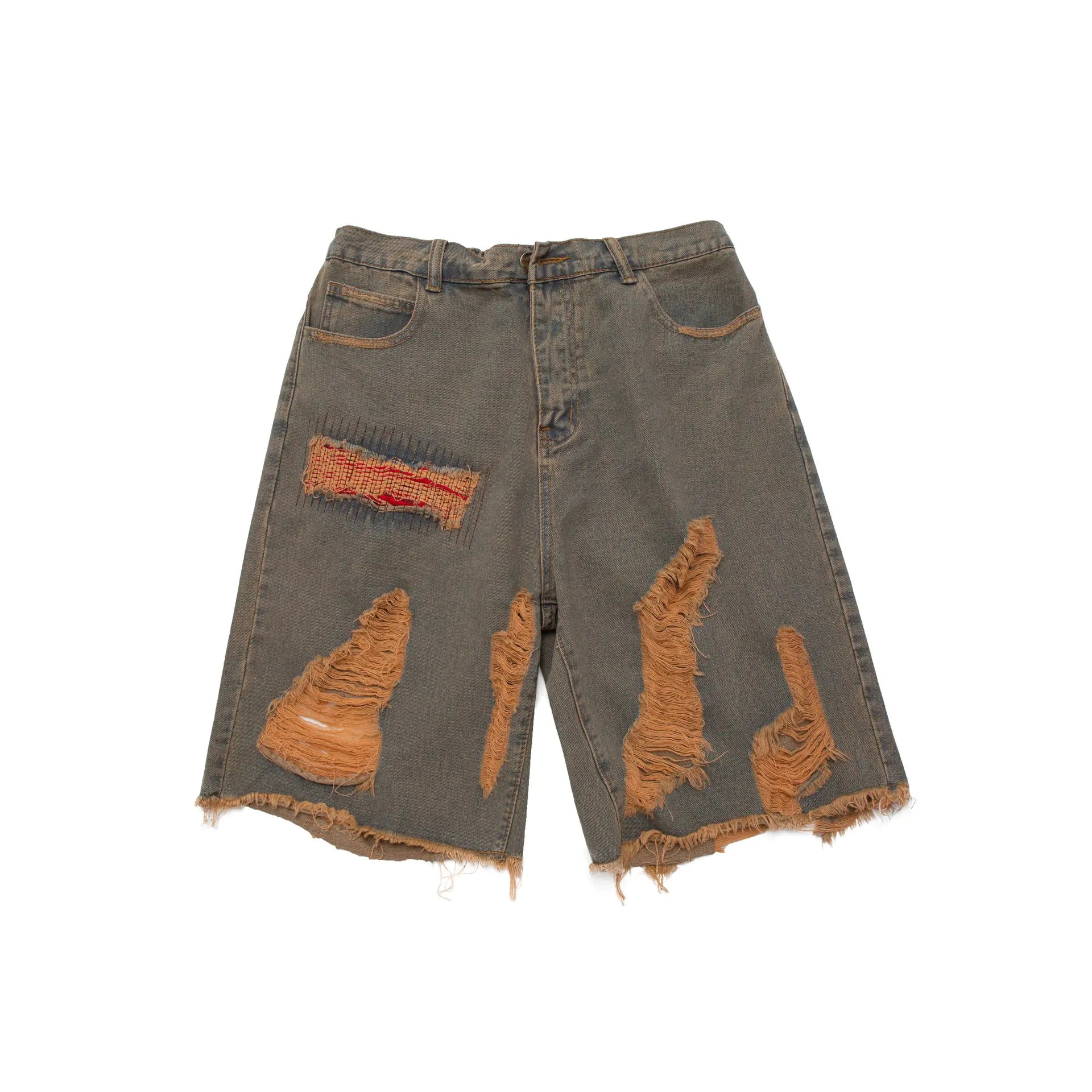 Distressed Vintage Cotton Denim Shorts for Men