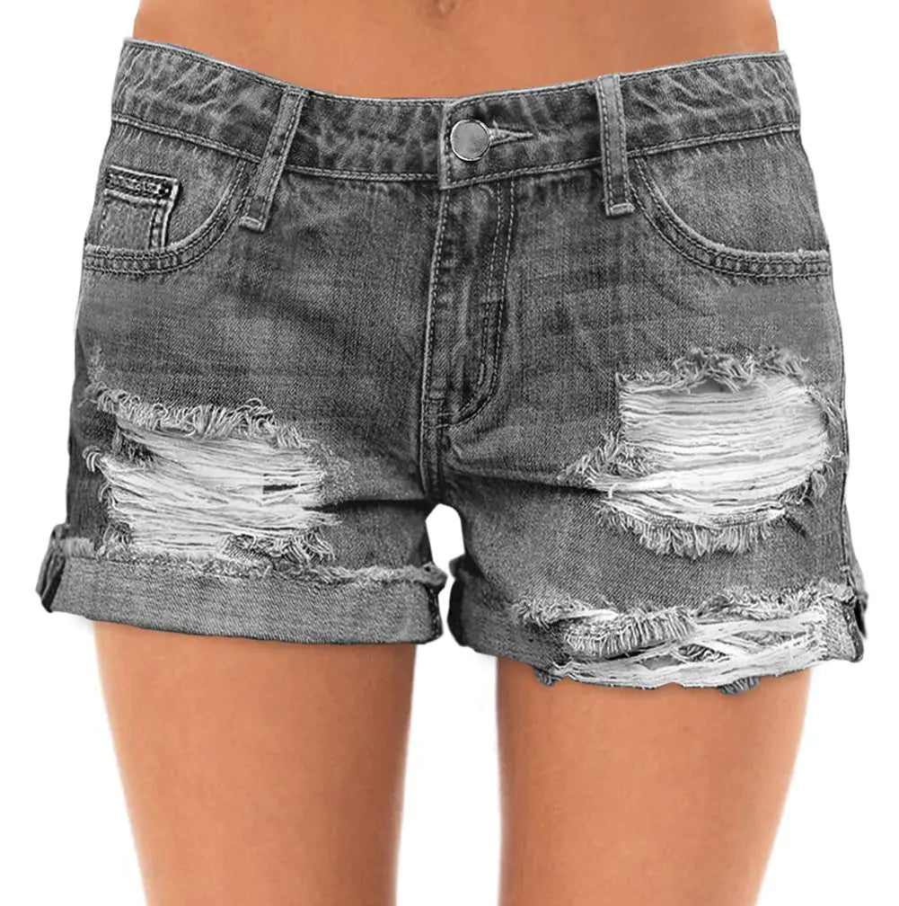 roswear Womens Ripped Mid Rise Stretchy Denim Jeans Shorts Grey Medium