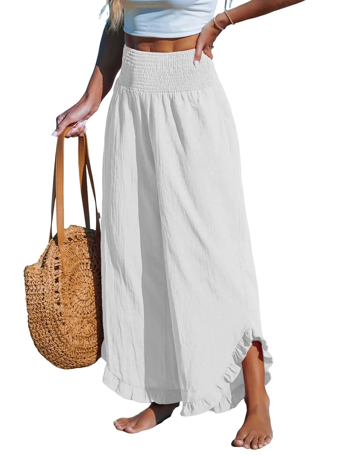 CUPSHE Women Pants Smocked Waist Straight Leg Ruffle Cuffs Loose Fit Pant Casual BeachWhite XS