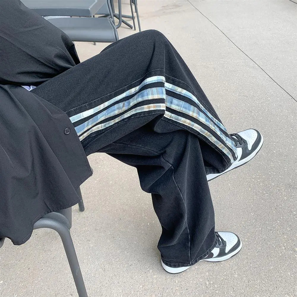 Color Stripe Stitch Wide Leg Men's Jeans