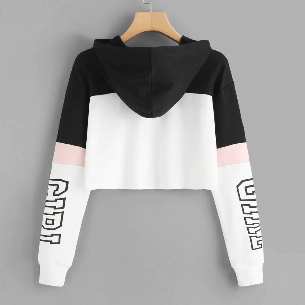 Patchwork Crop Top Hoodie Sweatshirt for Women