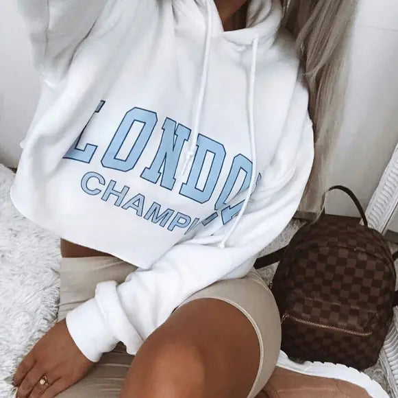 Loose-Fit Lettered Cropped Hoodie for Women