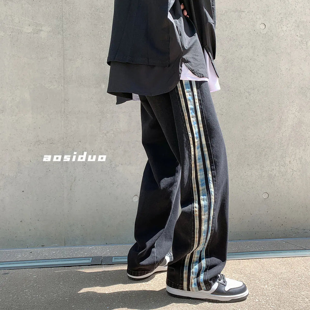 Color Stripe Stitch Wide Leg Men's Jeans