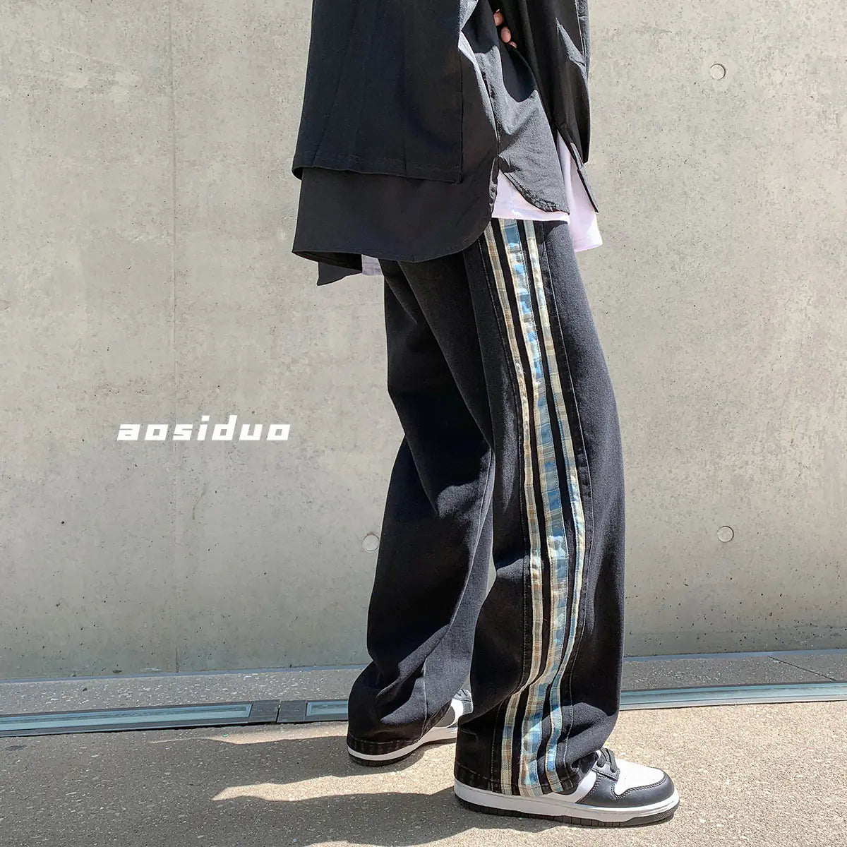 Color Stripe Stitch Wide Leg Men's Jeans