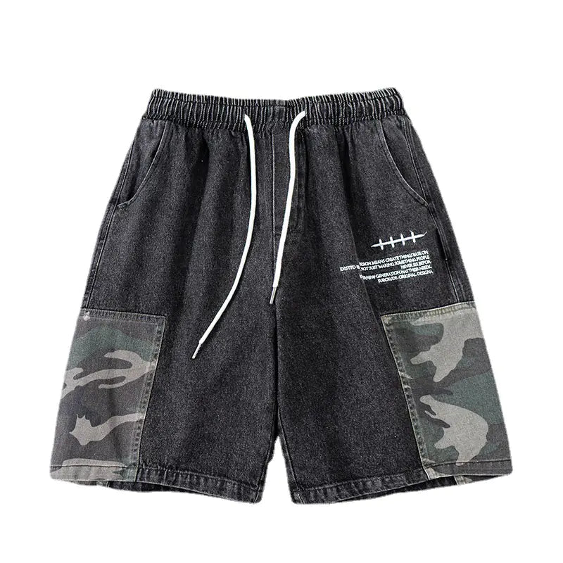 Men's Japanese Camouflage Stitching Denim Overalls Shorts