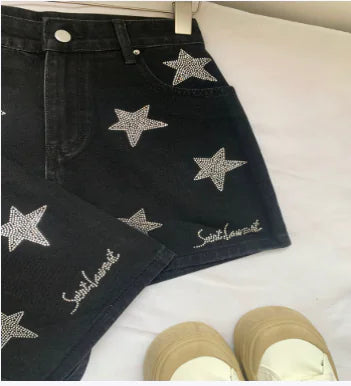 Light Luxury Silver Black Rhinestone Women's Shorts