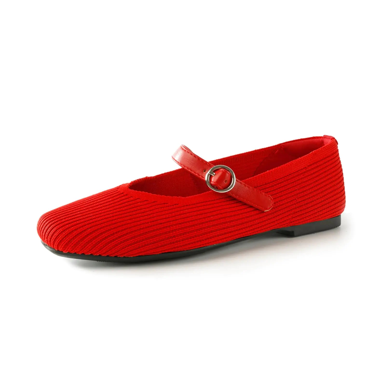 FancyRing Mary Jane Ballet Knit Flats for Women Shoes Square Toe Flats Washable Shoes with Straps Comfort Office Casual Softable Low Top FlatsSize 8.5，Red