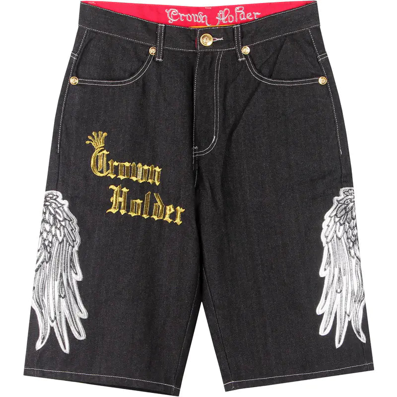 Plus Size Men's Embroidered Denim Shorts