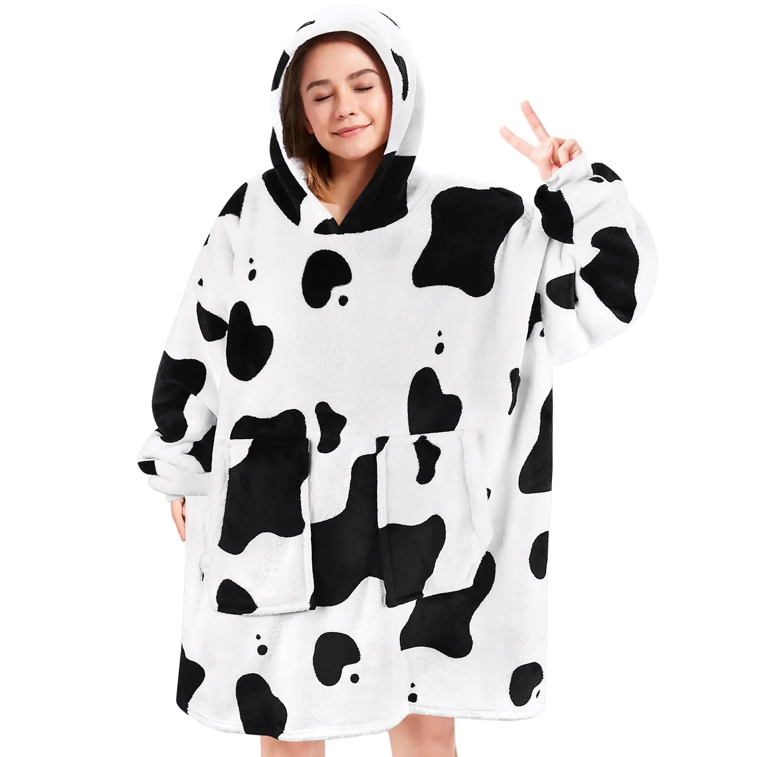 Wearable Blanket Hoodie Gifts for Adults Mom Women Men Oversized Fluffy Hoodie Cozy Hideout Hoodie Sweatshirt Sweater Blanket with Pocket (Cow)