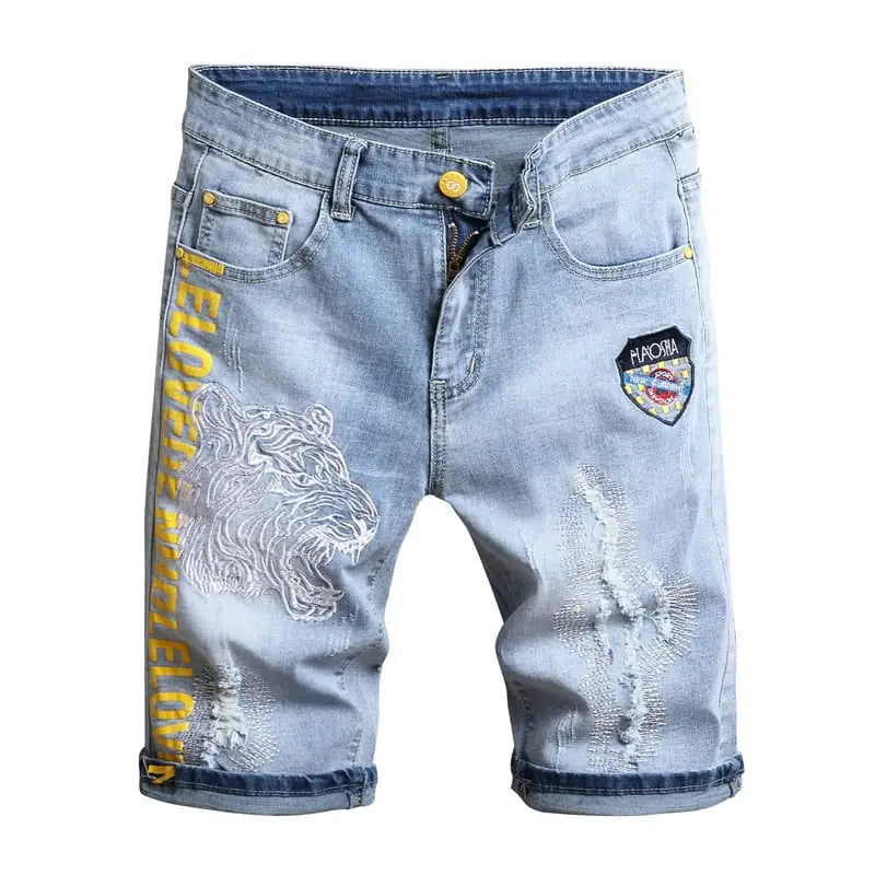 Men's Stretch Denim Embroidered Five-Point Shorts