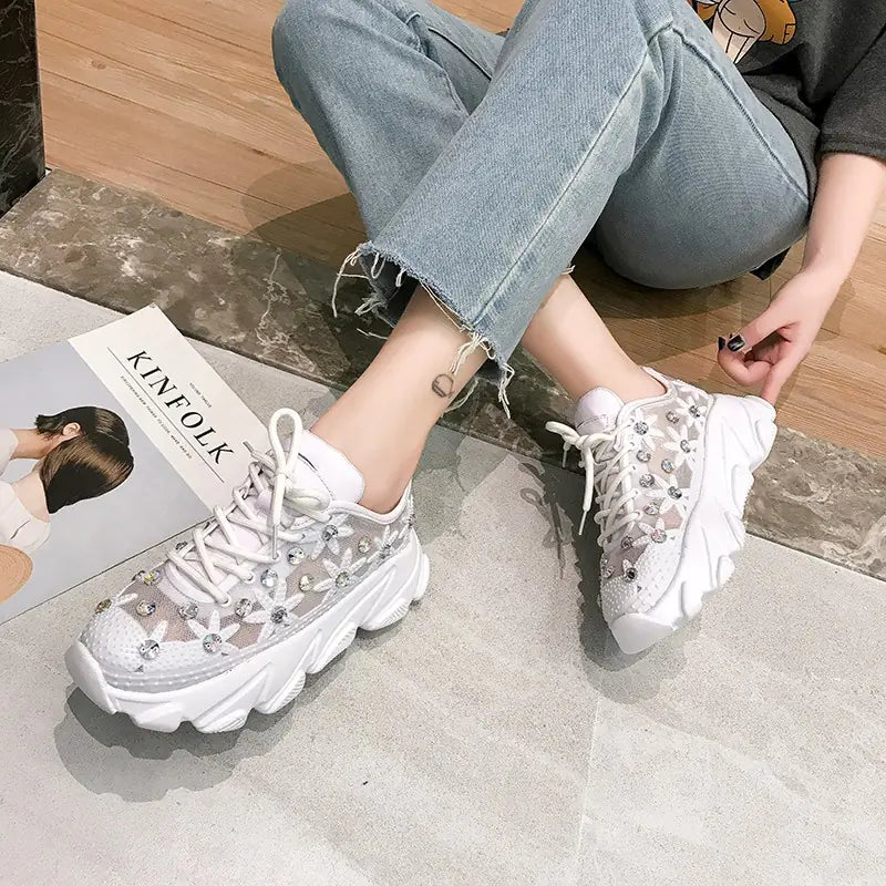 Women's Sneakers with Rhinestones - Casual White Shoes