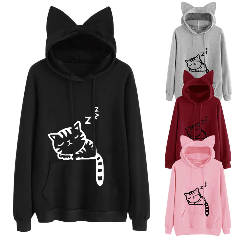 Loose Fleece Printed Cat Hoodie for Women