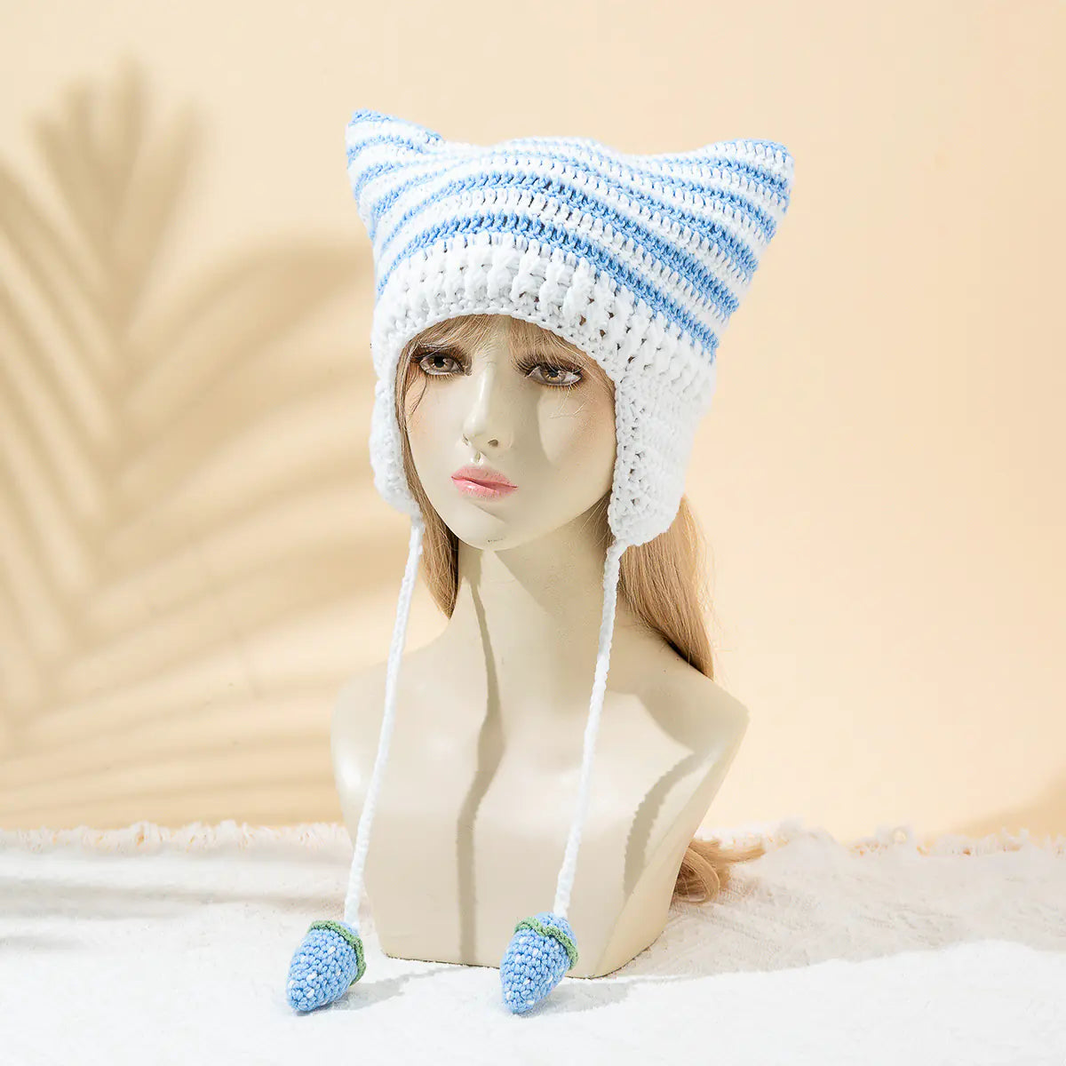 Women's Japanese Striped Knitted Cat Ears Cap