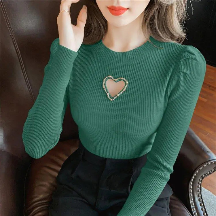 Hollow Heart Beaded Knitted Shirt for Women