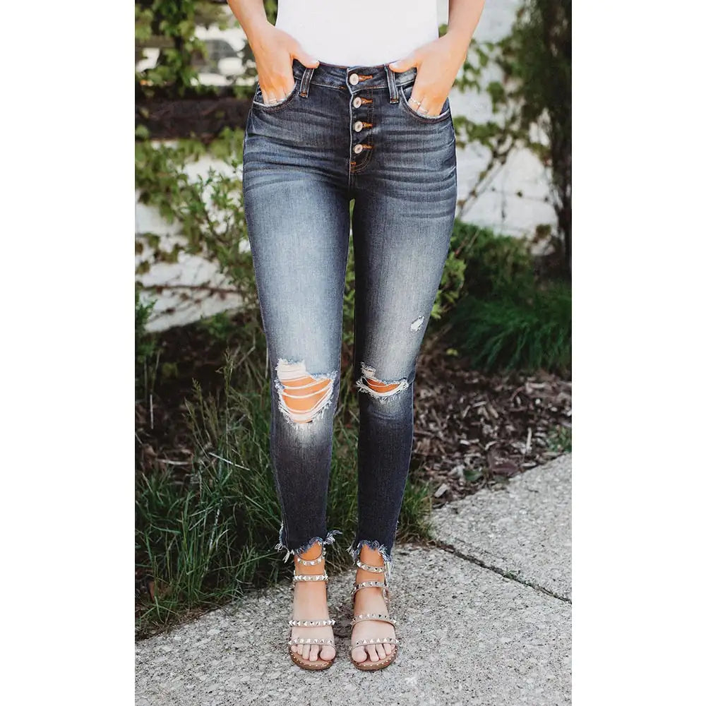 High-Elastic Ripped Slim-Fitting Women's Jeans