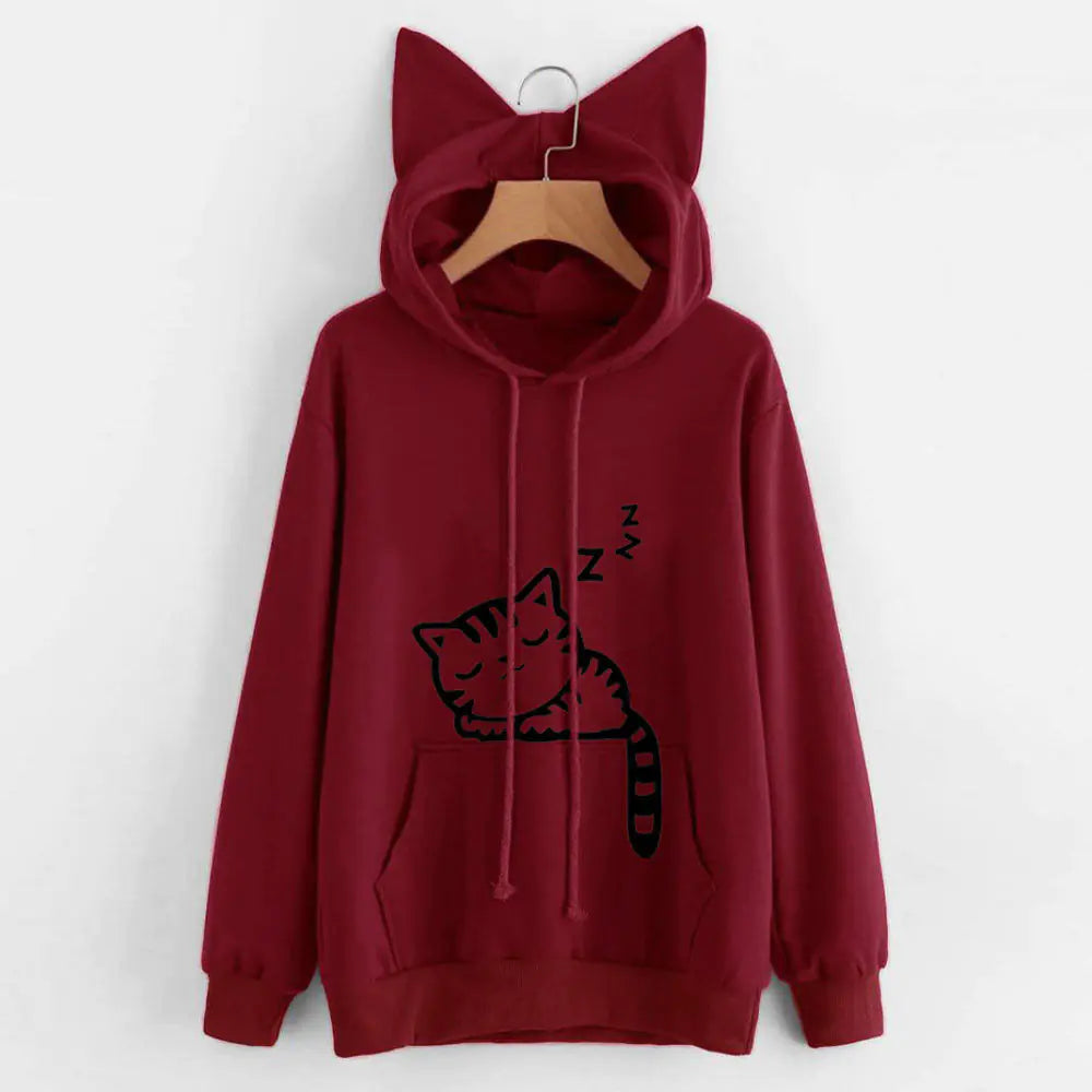 Loose Fleece Printed Cat Hoodie for Women