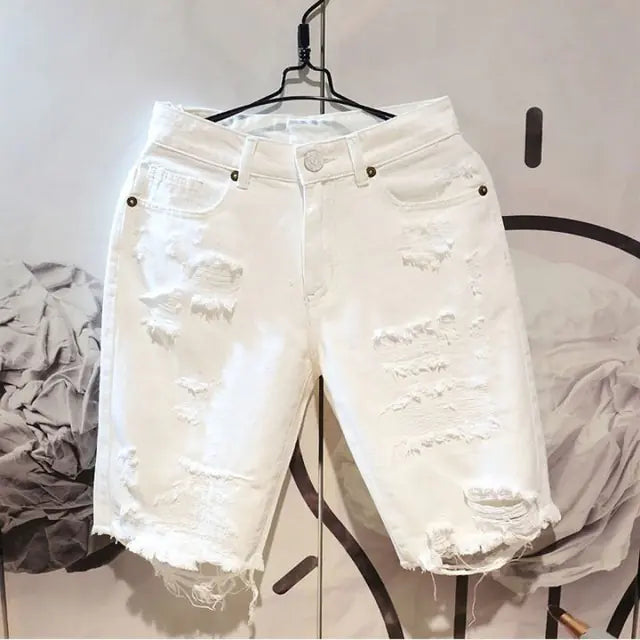 Men's Casual White Ripped Denim Summer Shorts