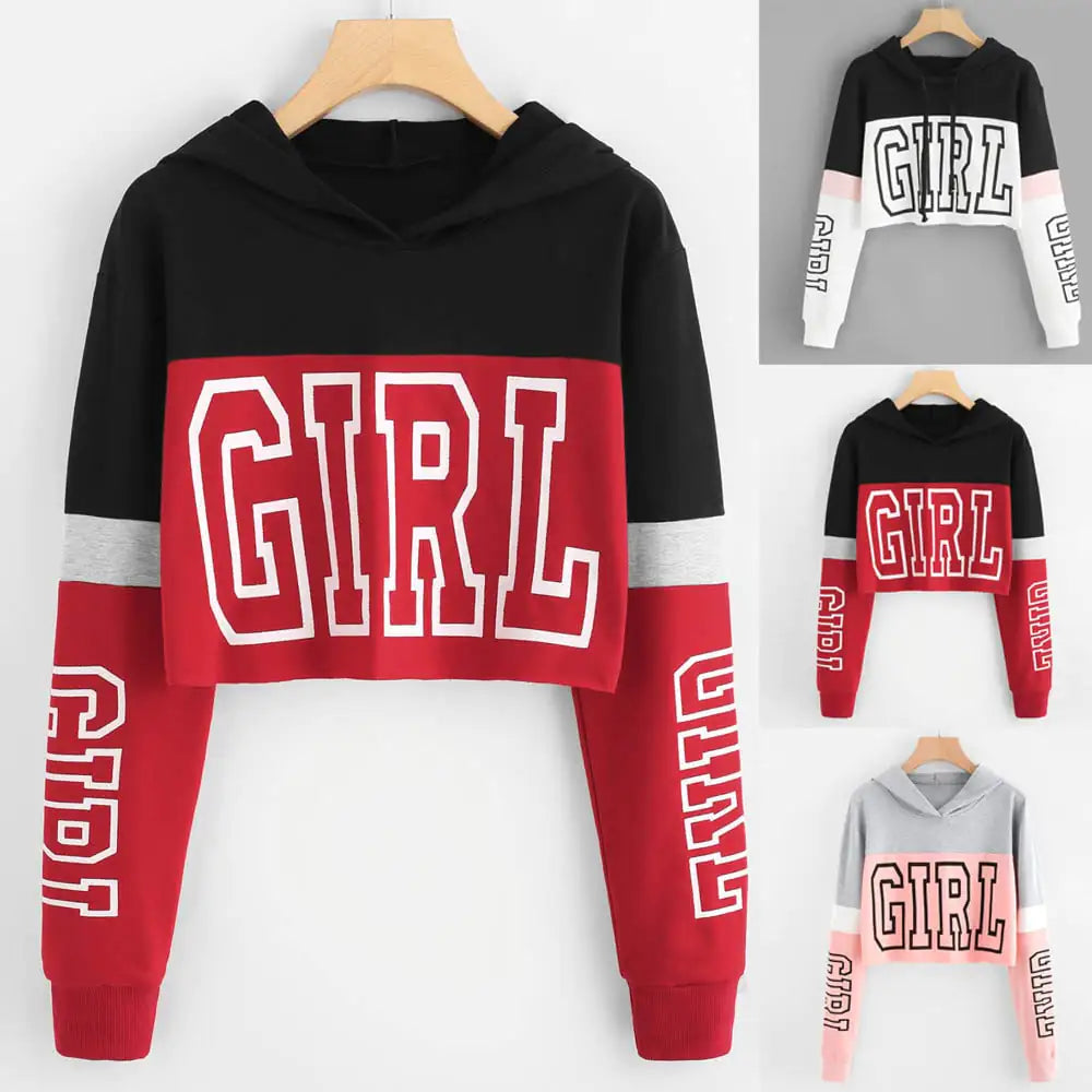 Patchwork Crop Top Hoodie Sweatshirt for Women