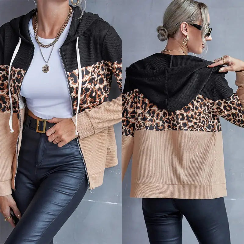 Leopard Print Zipper Hoodie Sweater for Women