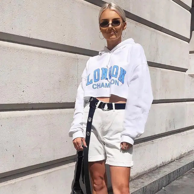 Loose-Fit Lettered Cropped Hoodie for Women
