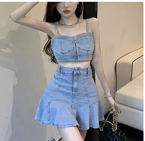 Denim Women's Shorts with Strapless Top and Cami