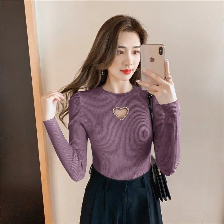 Hollow Heart Beaded Knitted Shirt for Women