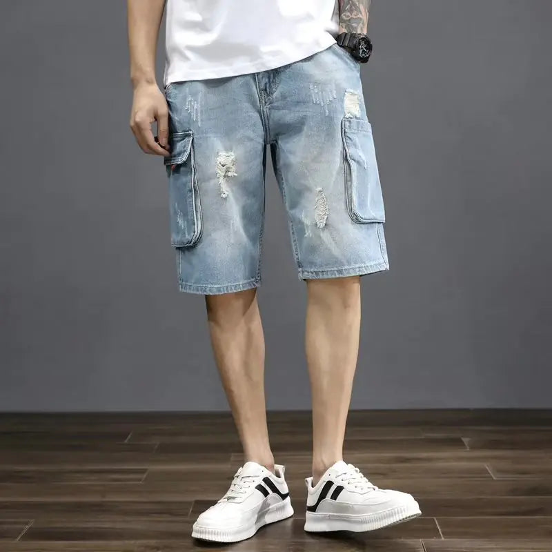 Men's Summer Loose-Fit Cargo Denim Shorts