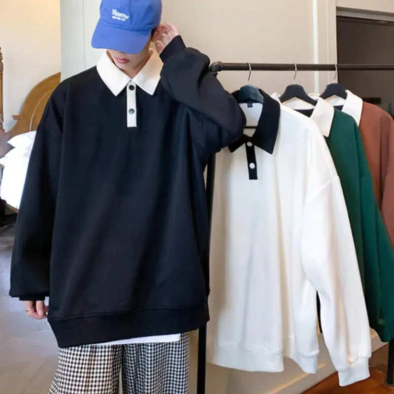 Oversized Autumn Lapel Hoodie for Men in Black/Green