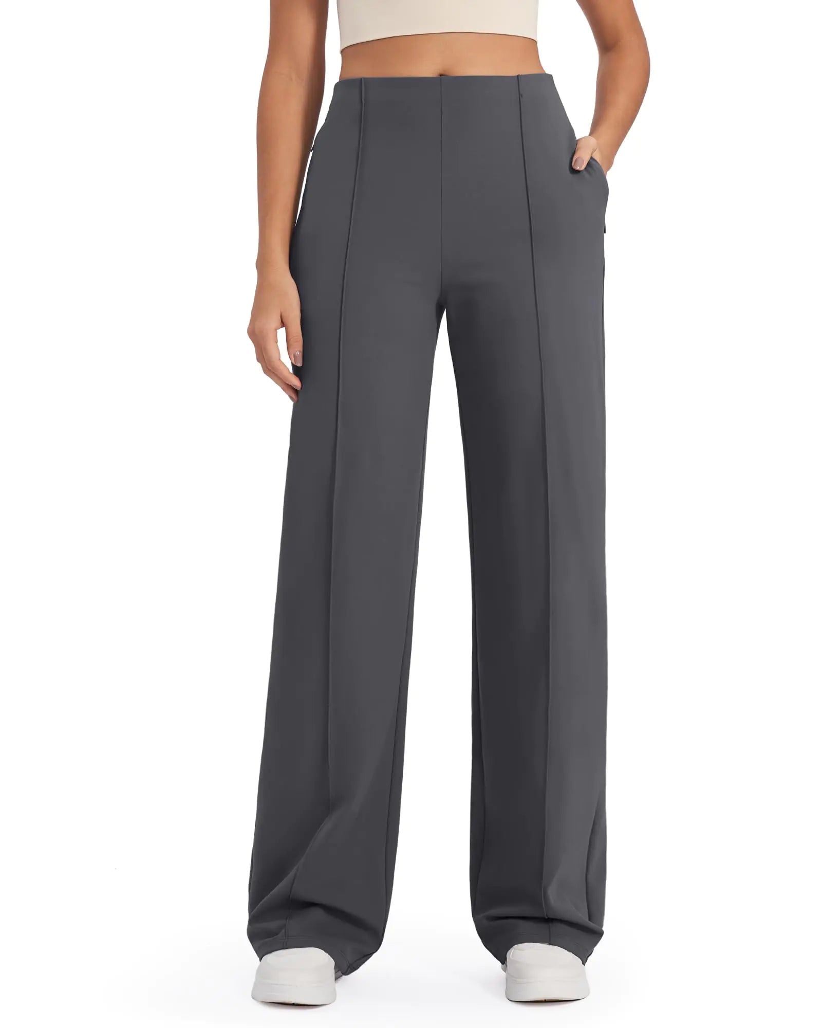 G4Free Wide Leg Pants for Women Business Casual Work Pants with Pockets High Waist Lounge Sweatpants Yoga Dress Pants Women Tummy Control(Dark GreyXL29")