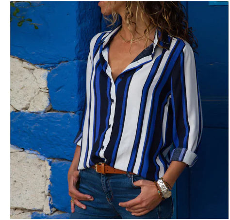 Striped Chiffon Long Sleeve Shirt for Women