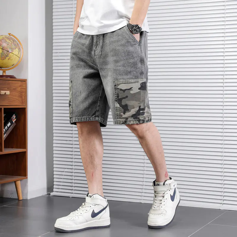 Men's Japanese Camouflage Stitching Denim Overalls Shorts