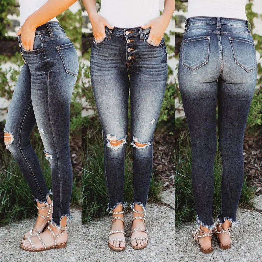 High-Elastic Ripped Slim-Fitting Women's Jeans