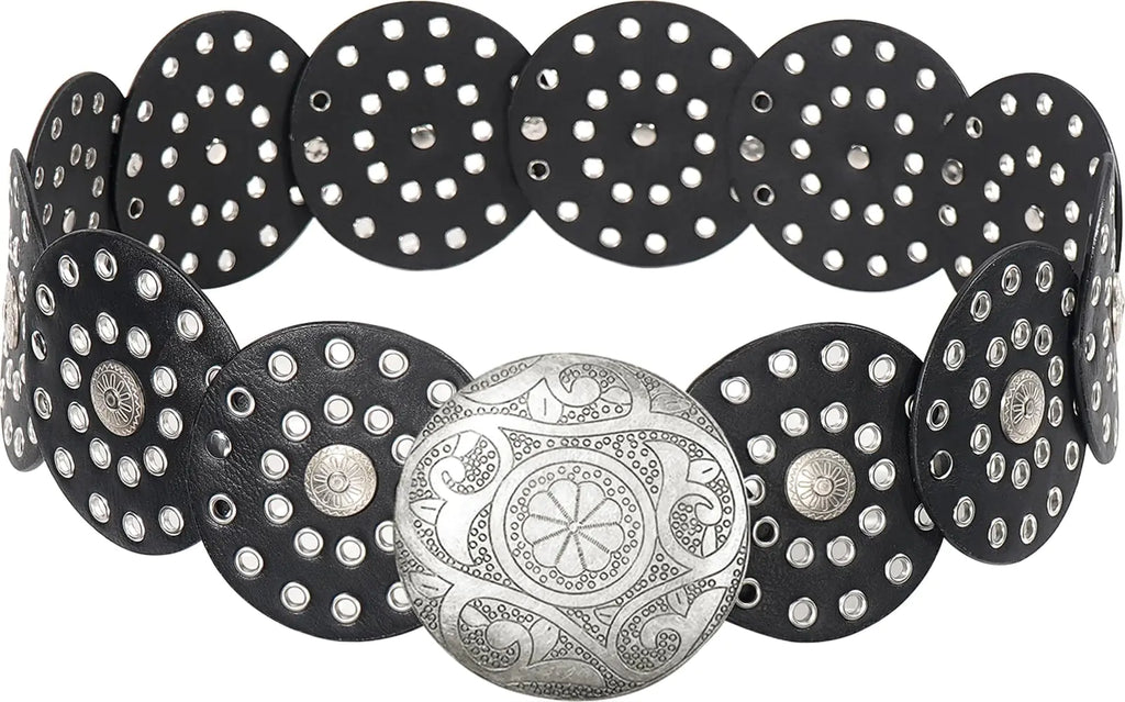 HIQUACC Wide Disc Belt for Women Vintage Leather Hollow Out Round Belt Western Waist Belt (Silver Black S)