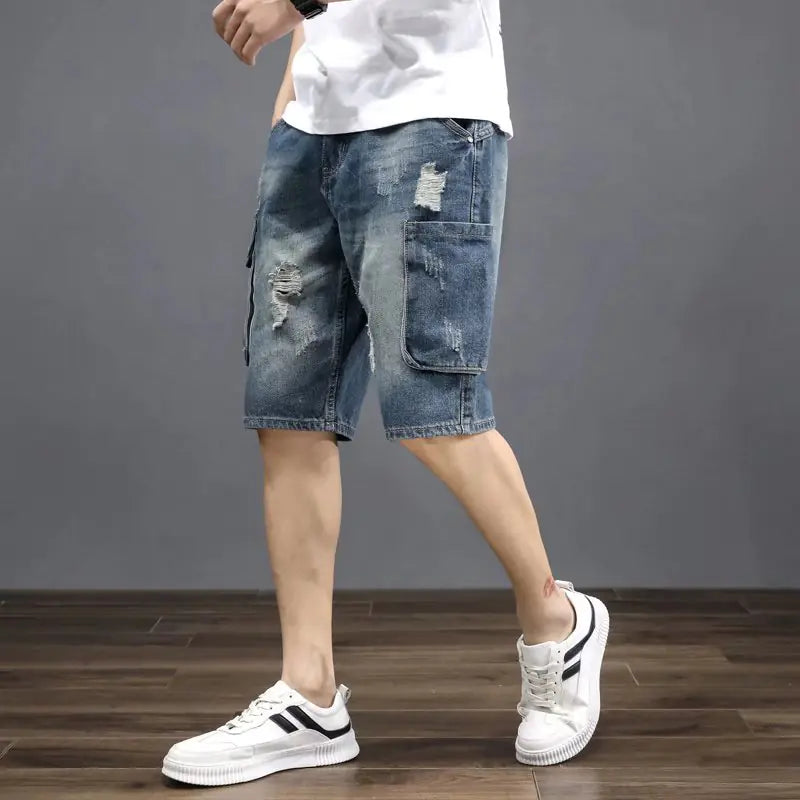 Men's Summer Loose-Fit Cargo Denim Shorts