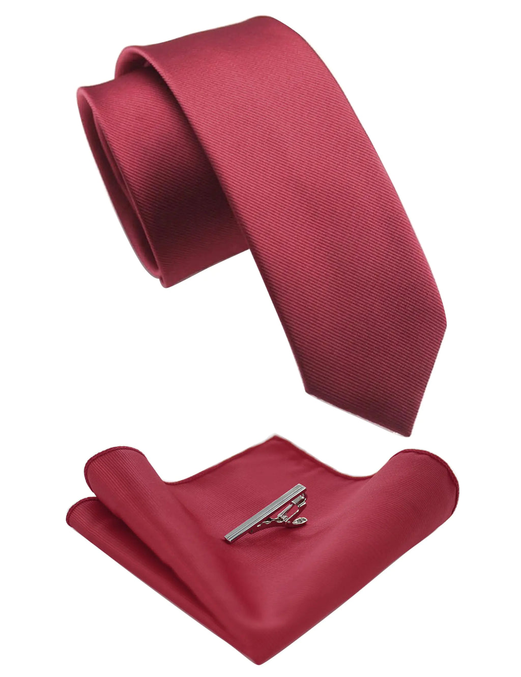JEMYGINS 2.4" Crimson Skinny Tie and Pocket Square with Tie Clip Sets for Men (37)