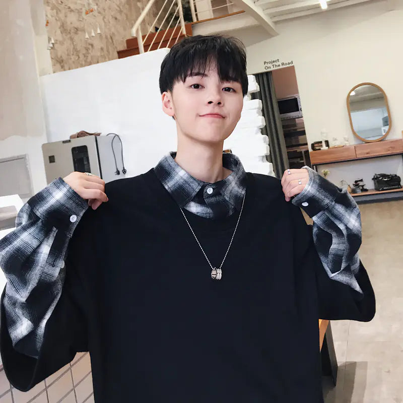 Loose Fit Layered Shirt Collar Hoodie for Trendy Men