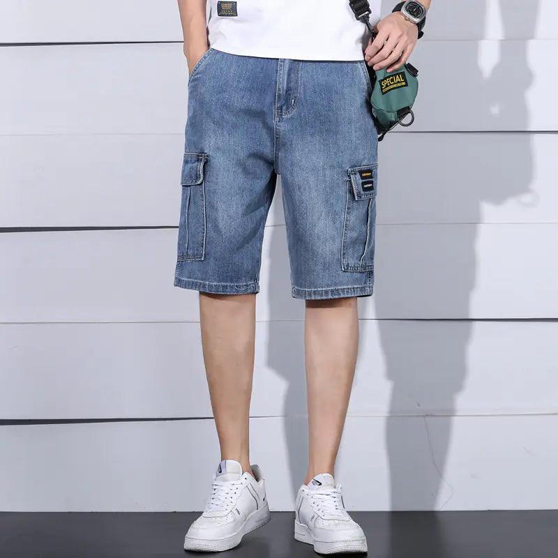 Men's Straight Loose Denim Shorts with Multi-Pockets