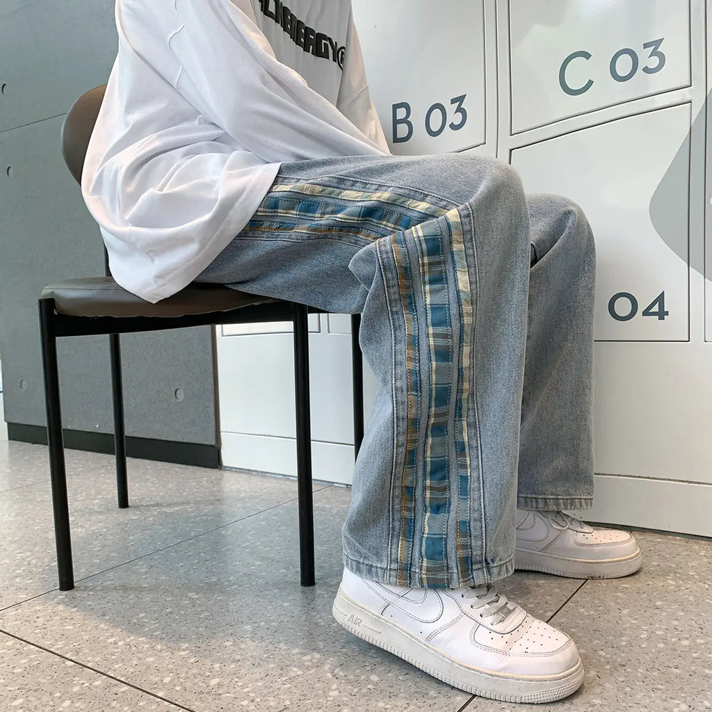 Color Stripe Stitch Wide Leg Men's Jeans