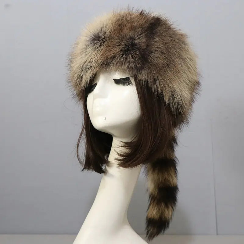Raccoon Tail Women's Earflaps Warm Cap