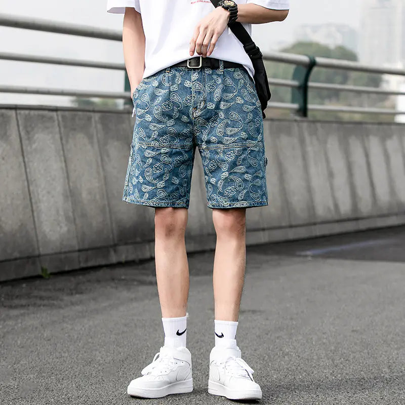 Men's Jacquard Denim Shorts - Trendy Loose Fit Print