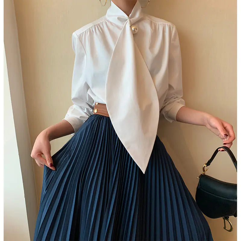 Pearl Scarf Collar White Shirt for Women