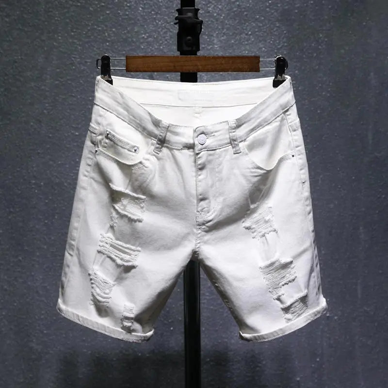 Men's White Summer Ripped Stretch Denim Shorts