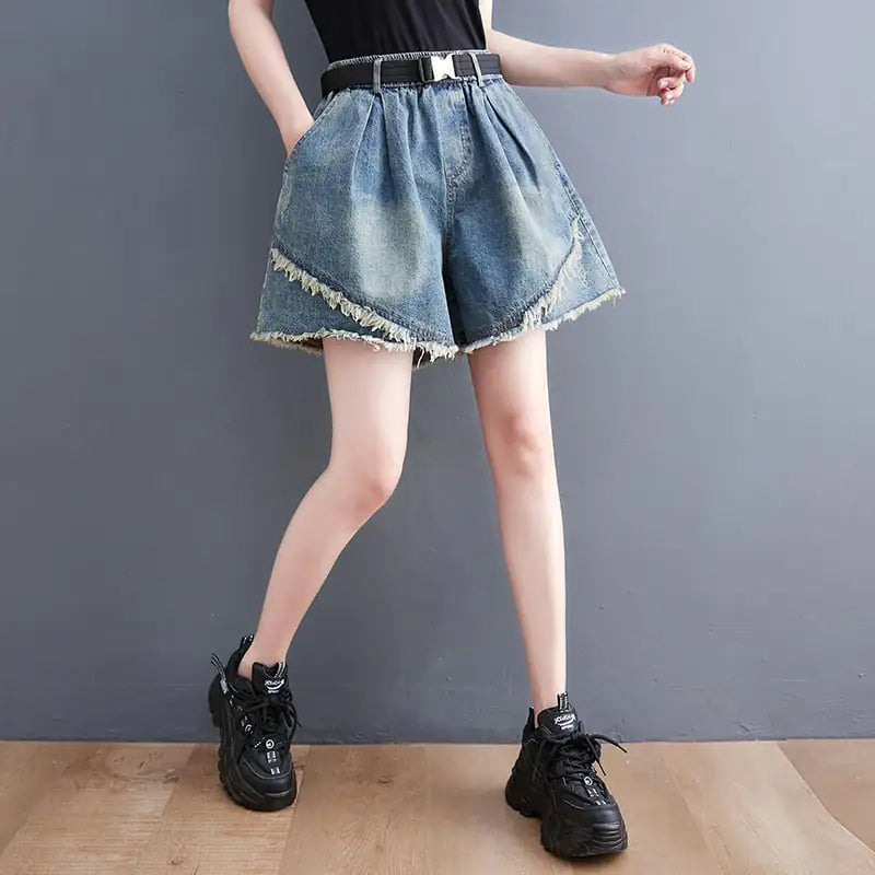 Korean Style Women's Denim Stitching Washed Shorts