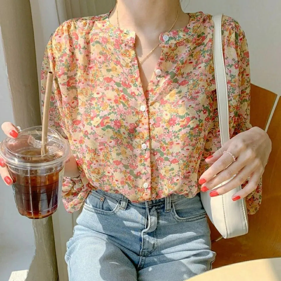 Floral Chiffon Long Sleeve Shirt for Women