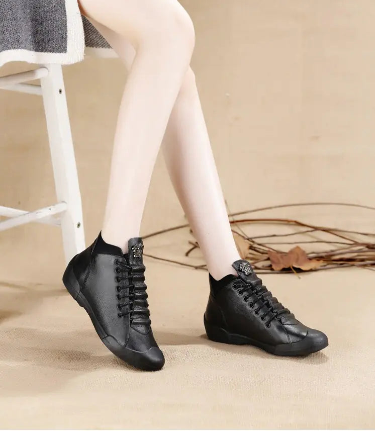 Genuine Leather Casual Flat High-Top Women's Sneakers