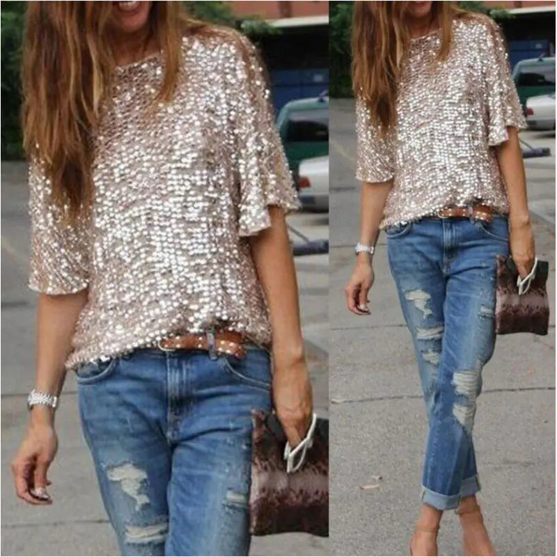 Stylish Sequin Off-Shoulder T-Shirt for Women