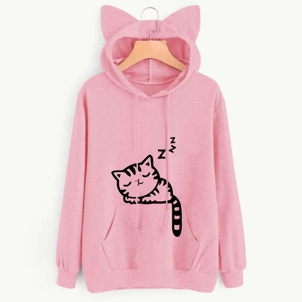 Loose Fleece Printed Cat Hoodie for Women