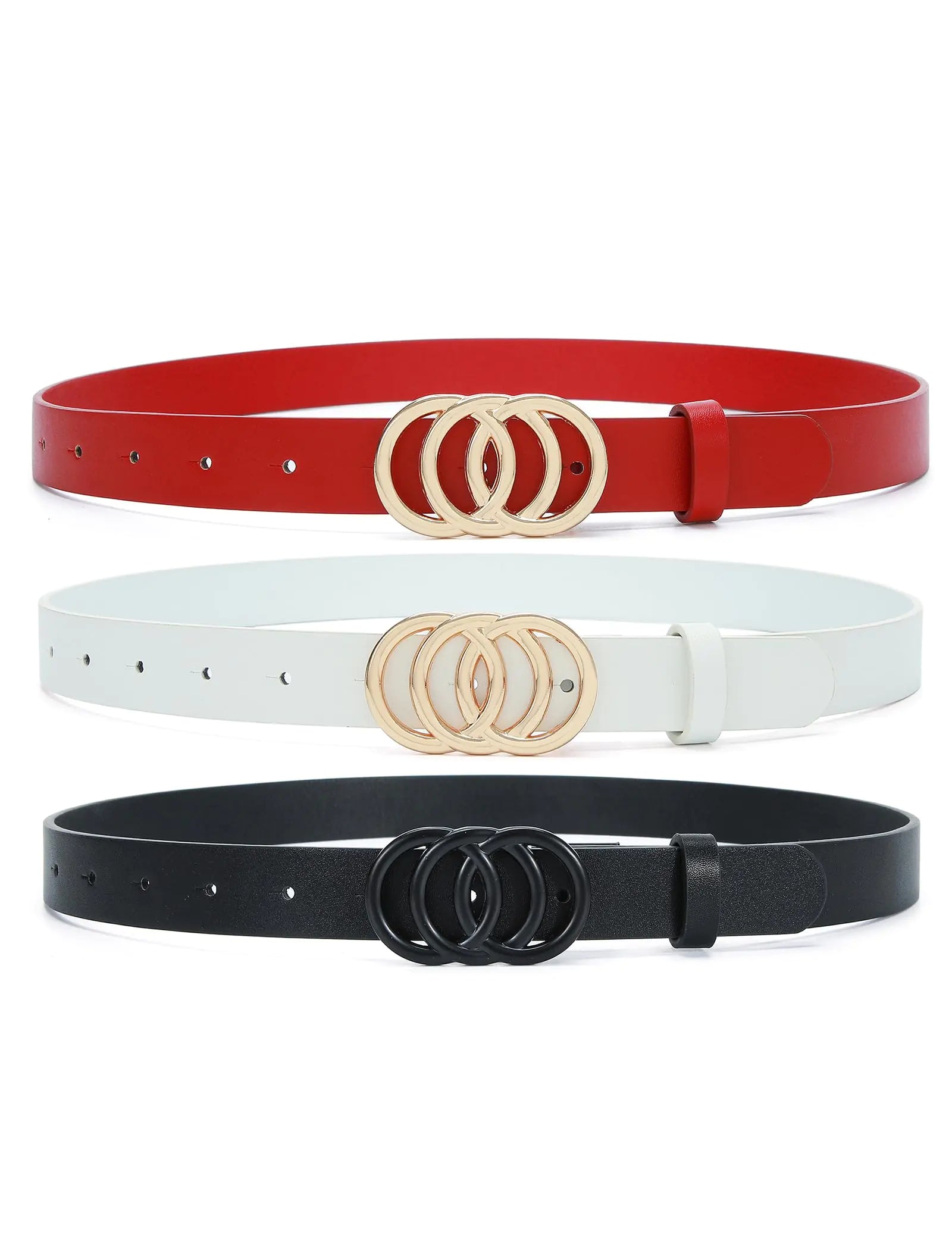 Pettata 3 Pack Women Belt for Jeans Dress O-Style Gold Buckle Skinny Waist Belt 0.98" Width Fashion Thin Belts for Ladies Black White Red Medium